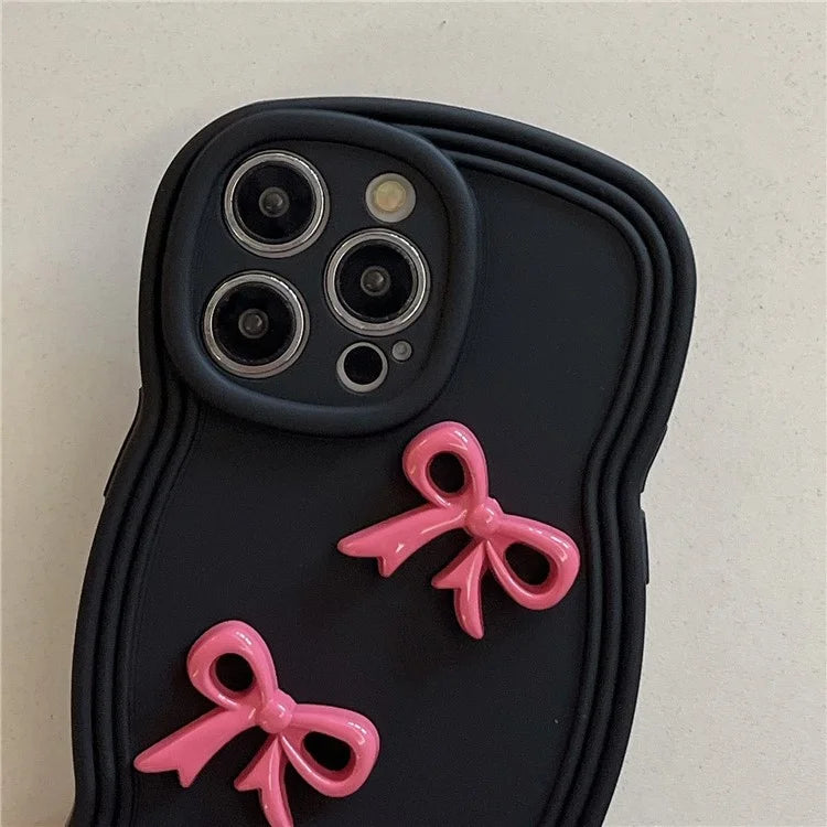 For iPhone 14 Pro Cell Phone Cases Three Bowknot Decor Wavy Edge Soft TPU Cover