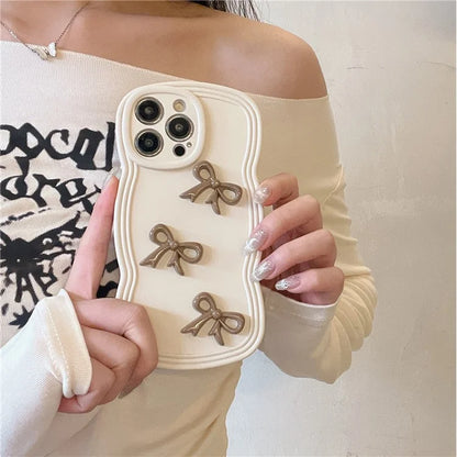 For iPhone 14 Pro Cell Phone Cases Three Bowknot Decor Wavy Edge Soft TPU Cover