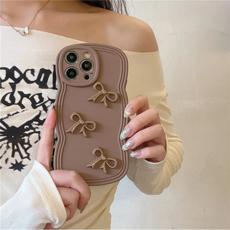 For iPhone 14 Pro Cell Phone Cases Three Bowknot Decor Wavy Edge Soft TPU Cover