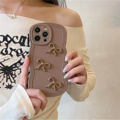 For iPhone 14 Pro Cell Phone Cases Three Bowknot Decor Wavy Edge Soft TPU Cover