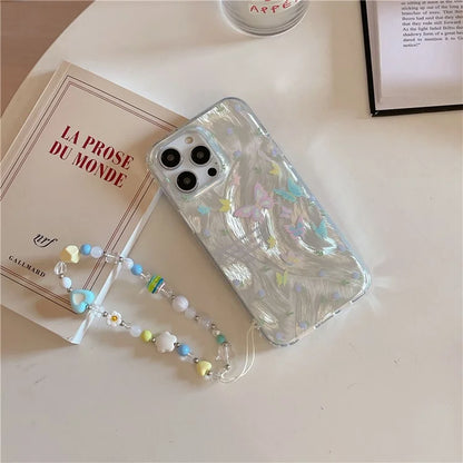 For iPhone 15 Pro Protective Cover IMD Pattern TPU Phone Case with Chain Strap