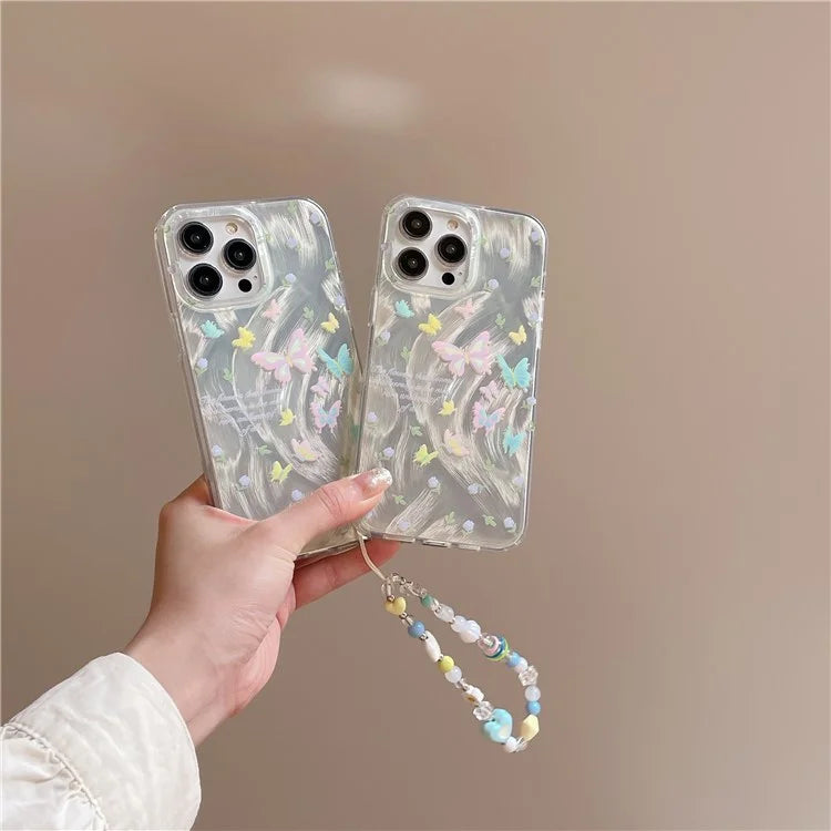 For iPhone 15 Pro Protective Cover IMD Pattern TPU Phone Case with Chain Strap