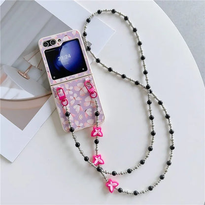 Folding Phone Case for Samsung Galaxy Z Flip5 5G , Butterfly Pattern PU+PC Cover with Beaded Crossbody Strap
