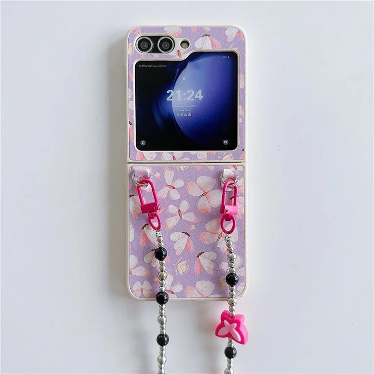 Folding Phone Case for Samsung Galaxy Z Flip5 5G , Butterfly Pattern PU+PC Cover with Beaded Crossbody Strap