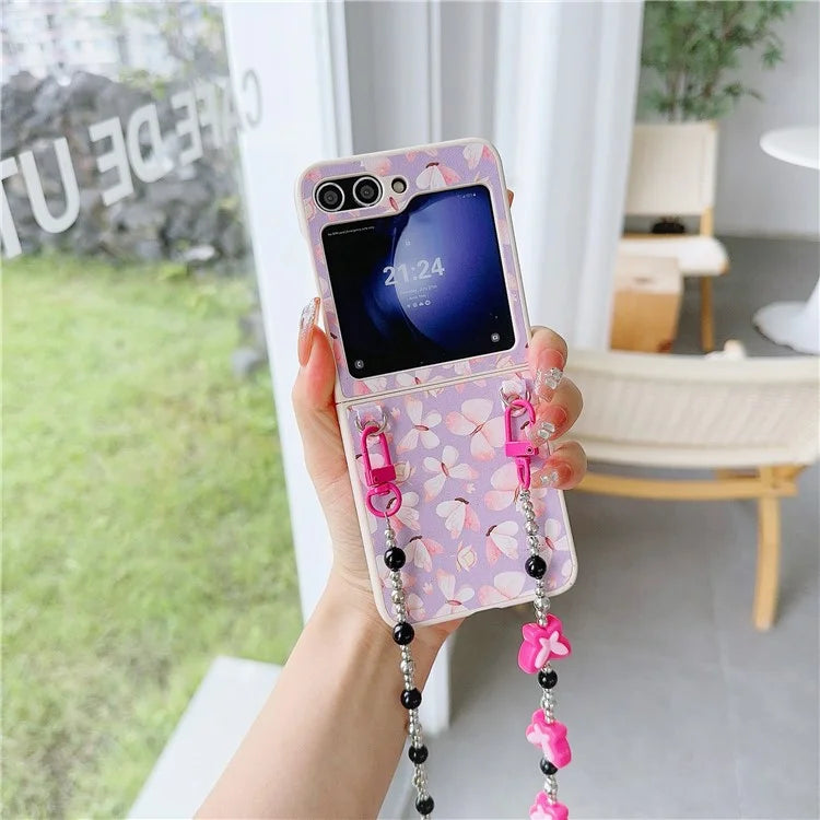 Folding Phone Case for Samsung Galaxy Z Flip5 5G , Butterfly Pattern PU+PC Cover with Beaded Crossbody Strap