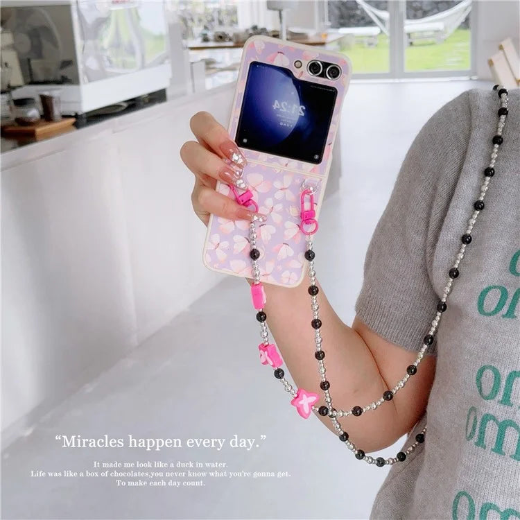 Folding Phone Case for Samsung Galaxy Z Flip5 5G , Butterfly Pattern PU+PC Cover with Beaded Crossbody Strap