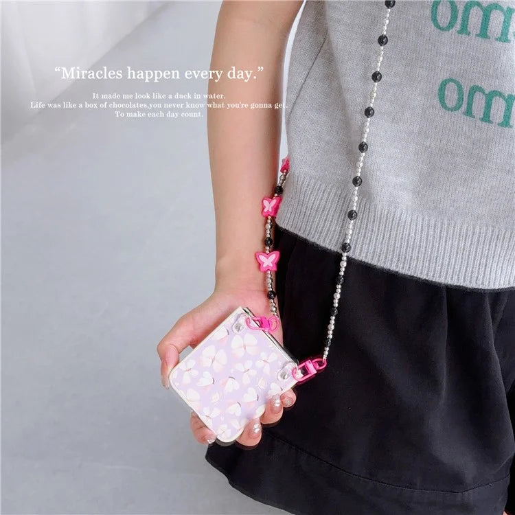 Folding Phone Case for Samsung Galaxy Z Flip5 5G , Butterfly Pattern PU+PC Cover with Beaded Crossbody Strap