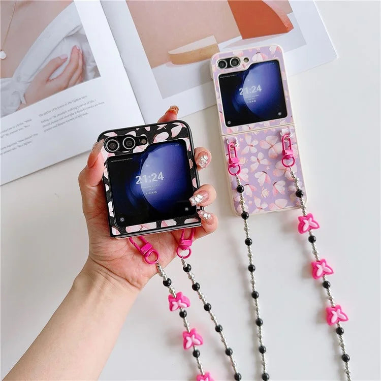 Folding Phone Case for Samsung Galaxy Z Flip5 5G , Butterfly Pattern PU+PC Cover with Beaded Crossbody Strap