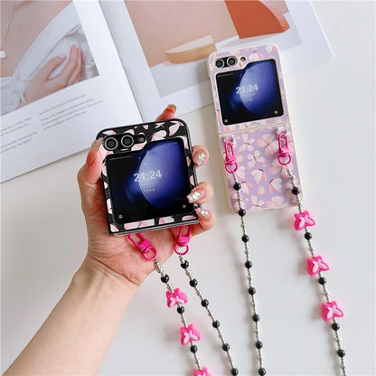 Folding Phone Case for Samsung Galaxy Z Flip5 5G , Butterfly Pattern PU+PC Cover with Beaded Crossbody Strap