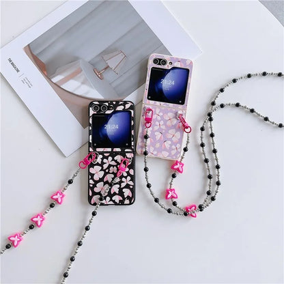 Folding Phone Case for Samsung Galaxy Z Flip5 5G , Butterfly Pattern PU+PC Cover with Beaded Crossbody Strap