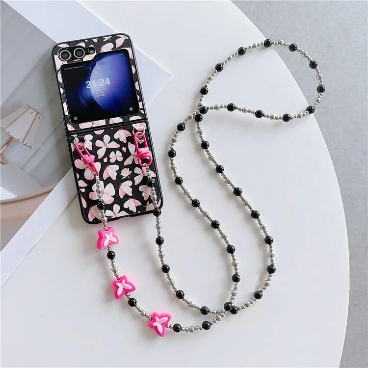 Folding Phone Case for Samsung Galaxy Z Flip5 5G , Butterfly Pattern PU+PC Cover with Beaded Crossbody Strap