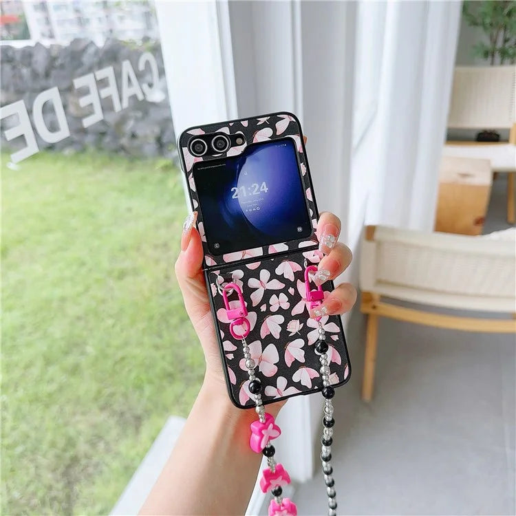 Folding Phone Case for Samsung Galaxy Z Flip5 5G , Butterfly Pattern PU+PC Cover with Beaded Crossbody Strap
