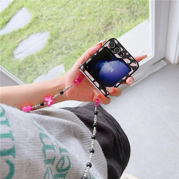 Folding Phone Case for Samsung Galaxy Z Flip5 5G , Butterfly Pattern PU+PC Cover with Beaded Crossbody Strap