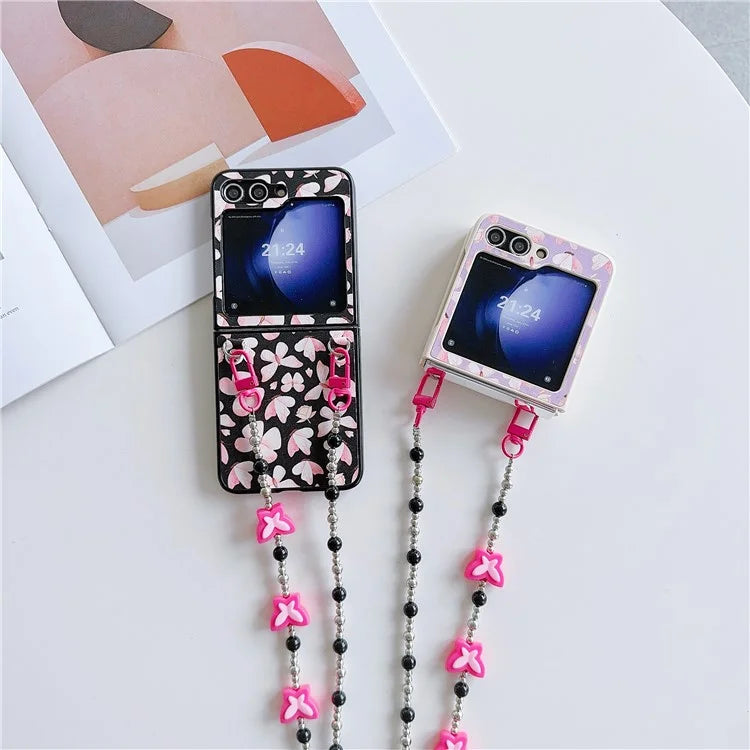 Folding Phone Case for Samsung Galaxy Z Flip5 5G , Butterfly Pattern PU+PC Cover with Beaded Crossbody Strap