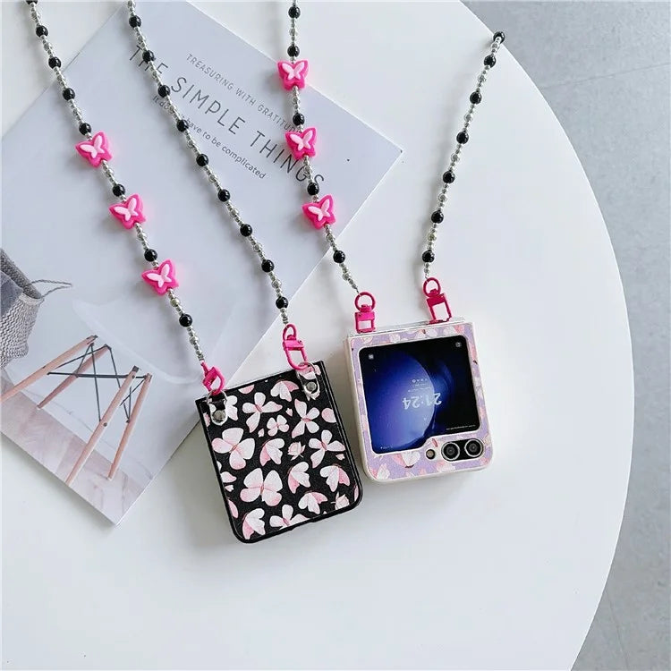 Folding Phone Case for Samsung Galaxy Z Flip5 5G , Butterfly Pattern PU+PC Cover with Beaded Crossbody Strap