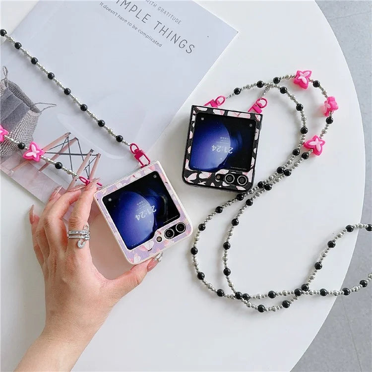 Folding Phone Case for Samsung Galaxy Z Flip5 5G , Butterfly Pattern PU+PC Cover with Beaded Crossbody Strap