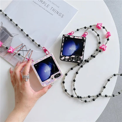 Folding Phone Case for Samsung Galaxy Z Flip5 5G , Butterfly Pattern PU+PC Cover with Beaded Crossbody Strap