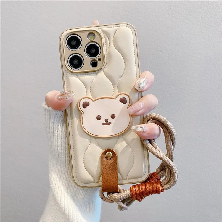 For iPhone 15 Pro Case Cute Bear Down Jacket Design Leather+TPU Phone Cover with Wrist Strap