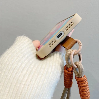 For iPhone 15 Pro Case Cute Bear Down Jacket Design Leather+TPU Phone Cover with Wrist Strap
