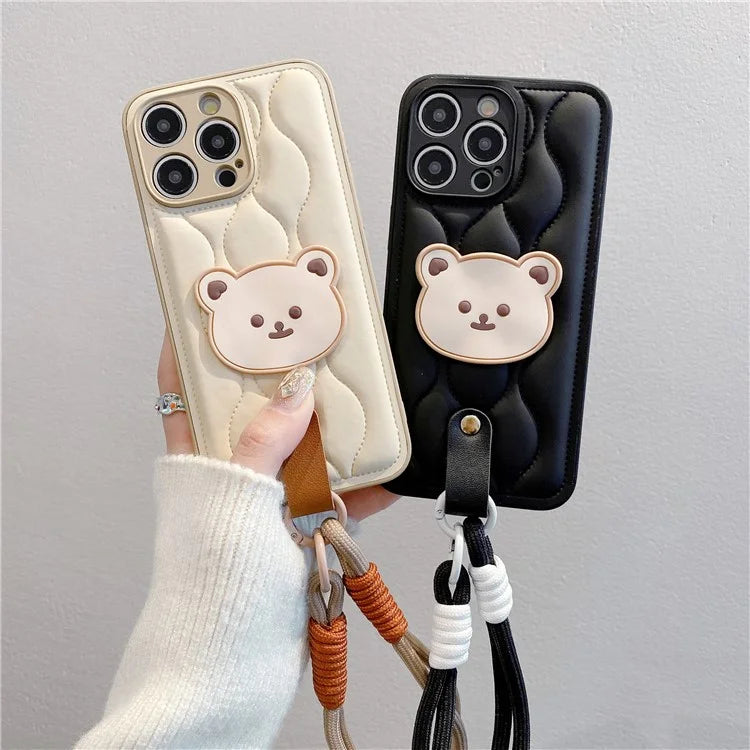 For iPhone 15 Pro Case Cute Bear Down Jacket Design Leather+TPU Phone Cover with Wrist Strap
