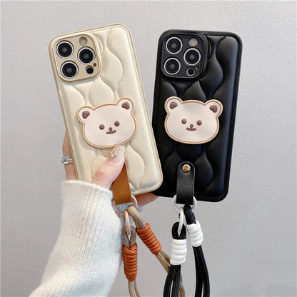 For iPhone 15 Pro Case Cute Bear Down Jacket Design Leather+TPU Phone Cover with Wrist Strap