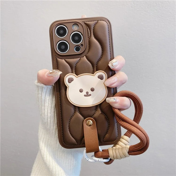 For iPhone 15 Pro Case Cute Bear Down Jacket Design Leather+TPU Phone Cover with Wrist Strap