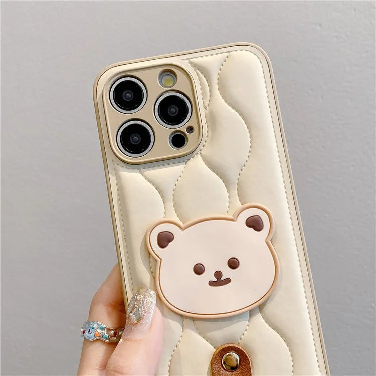 For iPhone 15 Pro Case Cute Bear Down Jacket Design Leather+TPU Phone Cover with Wrist Strap
