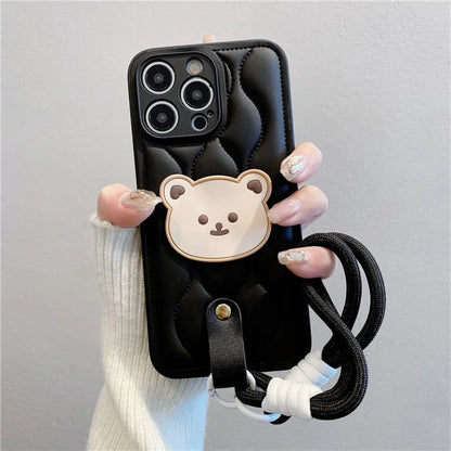 For iPhone 15 Pro Case Cute Bear Down Jacket Design Leather+TPU Phone Cover with Wrist Strap