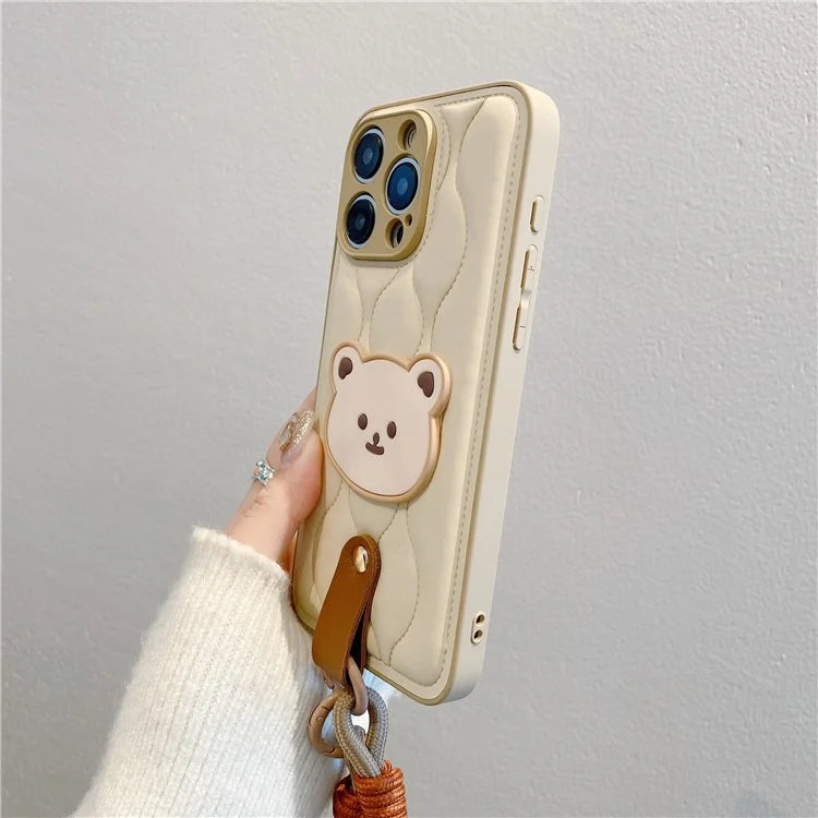 For iPhone 15 Pro Case Cute Bear Down Jacket Design Leather+TPU Phone Cover with Wrist Strap
