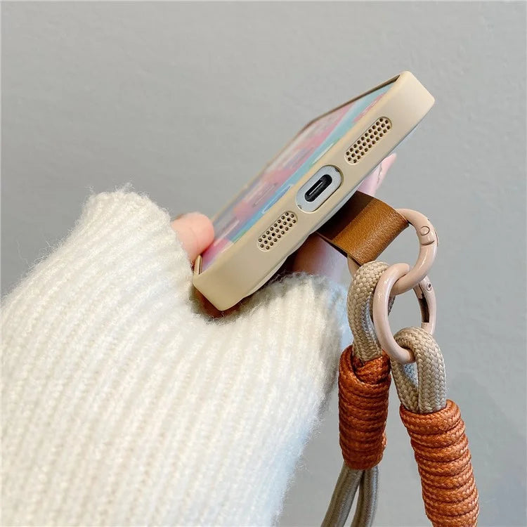 For iPhone 15 Pro Case Cute Bear Down Jacket Design Leather+TPU Phone Cover with Wrist Strap