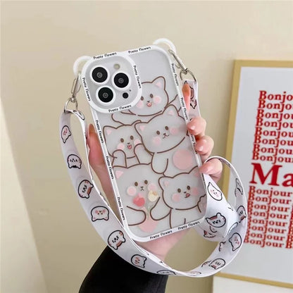 For iPhone 14 Pro Case PC+TPU Phone Back Cover with Strap Cute Bear Design