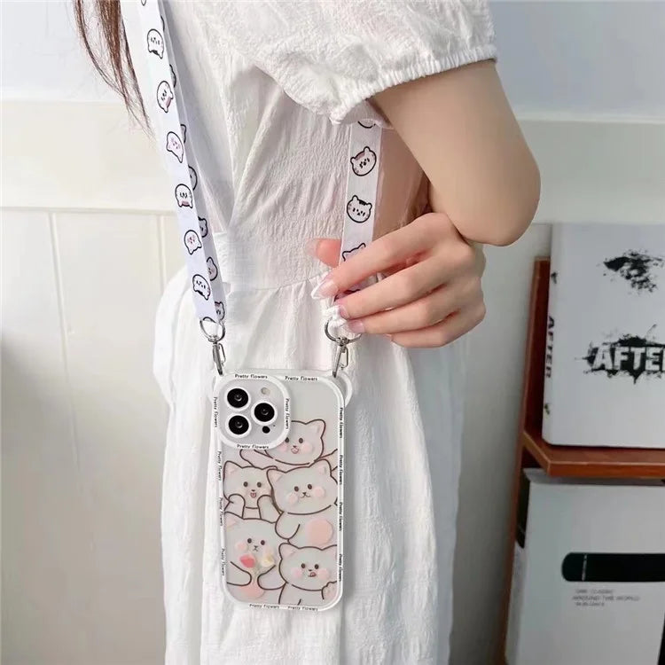 For iPhone 14 Pro Case PC+TPU Phone Back Cover with Strap Cute Bear Design