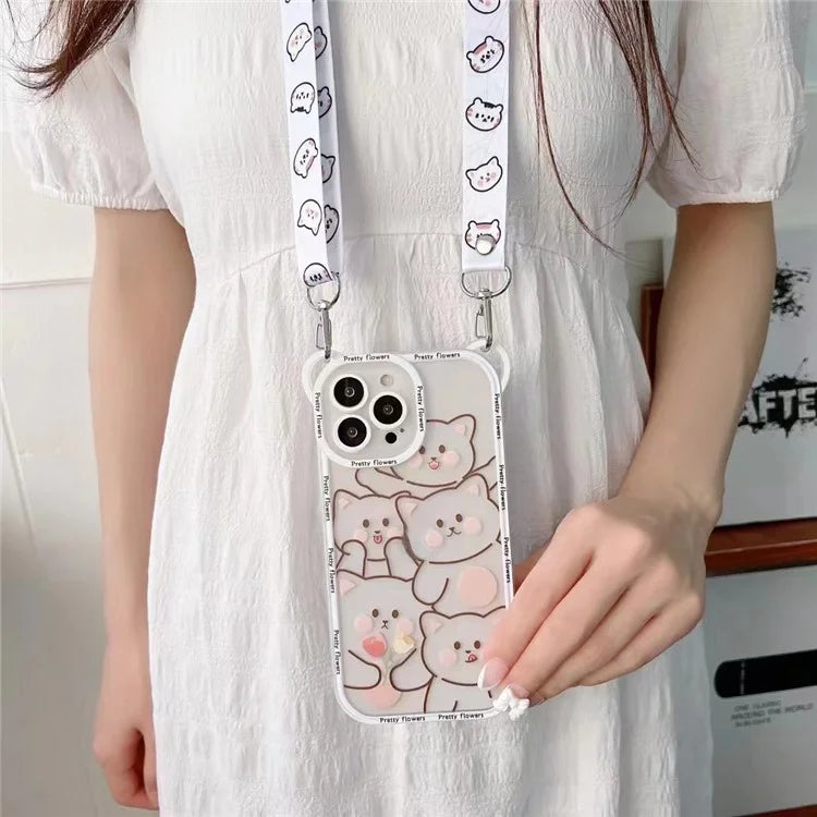 For iPhone 14 Pro Case PC+TPU Phone Back Cover with Strap Cute Bear Design