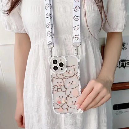 For iPhone 14 Pro Case PC+TPU Phone Back Cover with Strap Cute Bear Design