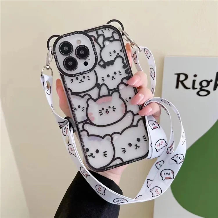 For iPhone 14 Pro Case PC+TPU Phone Back Cover with Strap Cute Bear Design