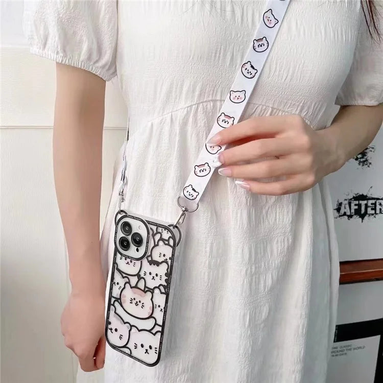 For iPhone 14 Pro Case PC+TPU Phone Back Cover with Strap Cute Bear Design