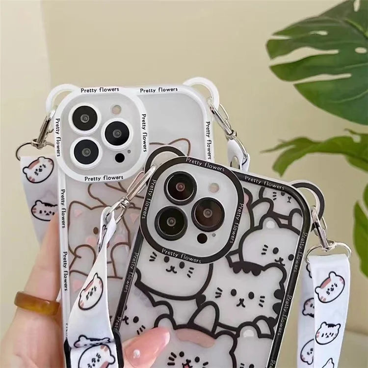 For iPhone 14 Pro Case PC+TPU Phone Back Cover with Strap Cute Bear Design