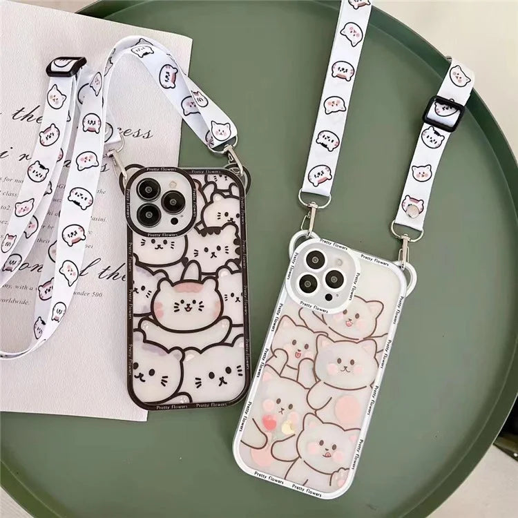 For iPhone 14 Pro Case PC+TPU Phone Back Cover with Strap Cute Bear Design