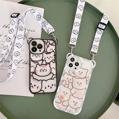 For iPhone 14 Pro Case PC+TPU Phone Back Cover with Strap Cute Bear Design
