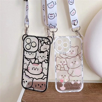 For iPhone 14 Pro Case PC+TPU Phone Back Cover with Strap Cute Bear Design