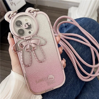 For iPhone 15 Pro Phone Case Electroplated TPU Cover with PC Kickstand+Long Strap