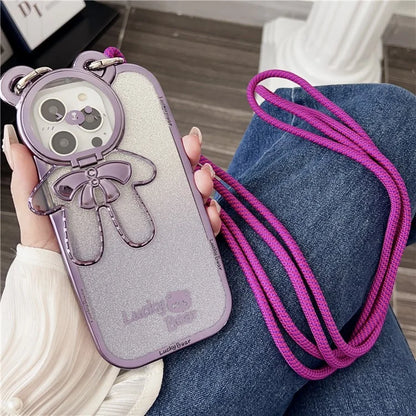 For iPhone 15 Pro Phone Case Electroplated TPU Cover with PC Kickstand+Long Strap