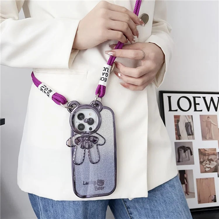 For iPhone 15 Pro Phone Case Electroplated TPU Cover with PC Kickstand+Long Strap