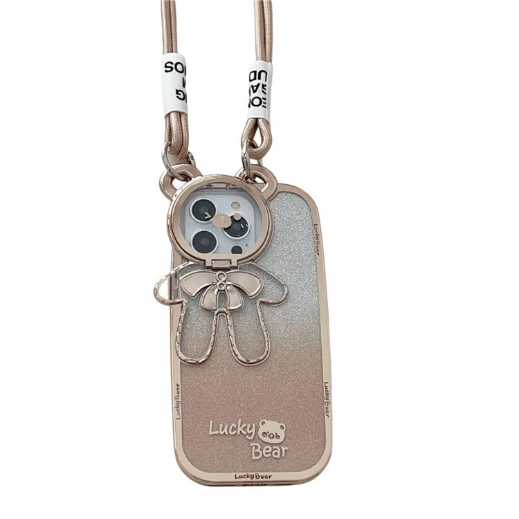 For iPhone 15 Pro Phone Case Electroplated TPU Cover with PC Kickstand+Long Strap