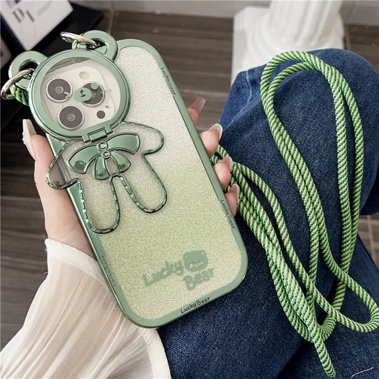 For iPhone 15 Pro Phone Case Electroplated TPU Cover with PC Kickstand+Long Strap