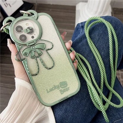 For iPhone 15 Pro Phone Case Electroplated TPU Cover with PC Kickstand+Long Strap