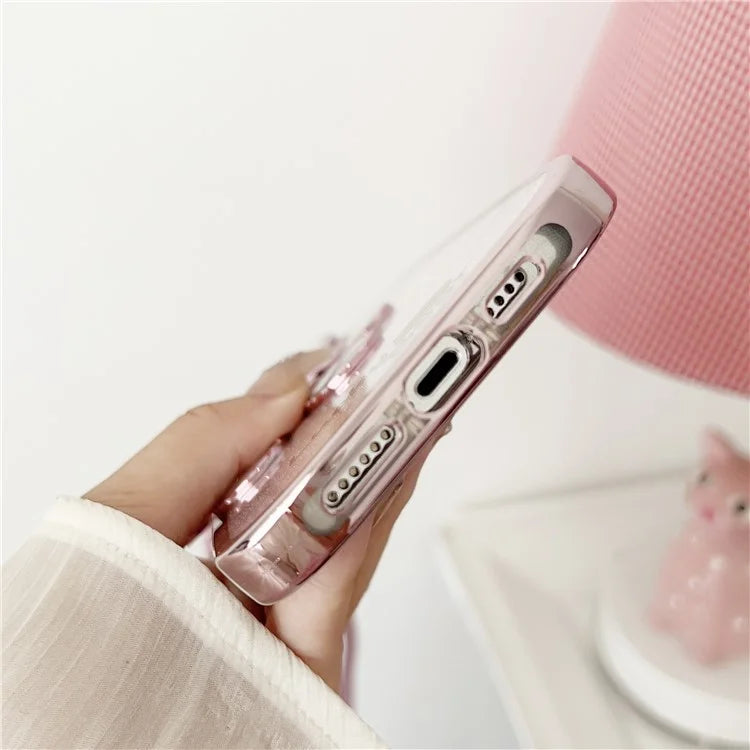 For iPhone 15 Pro Phone Case Electroplated TPU Cover with PC Kickstand+Long Strap