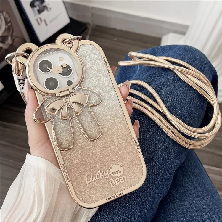 For iPhone 15 Pro Phone Case Electroplated TPU Cover with PC Kickstand+Long Strap