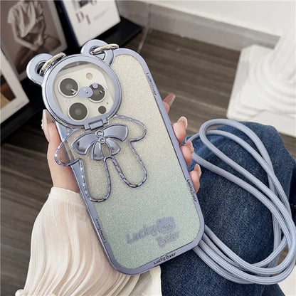 For iPhone 15 Pro Phone Case Electroplated TPU Cover with PC Kickstand+Long Strap