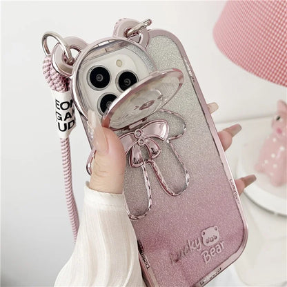 For iPhone 15 Pro Phone Case Electroplated TPU Cover with PC Kickstand+Long Strap